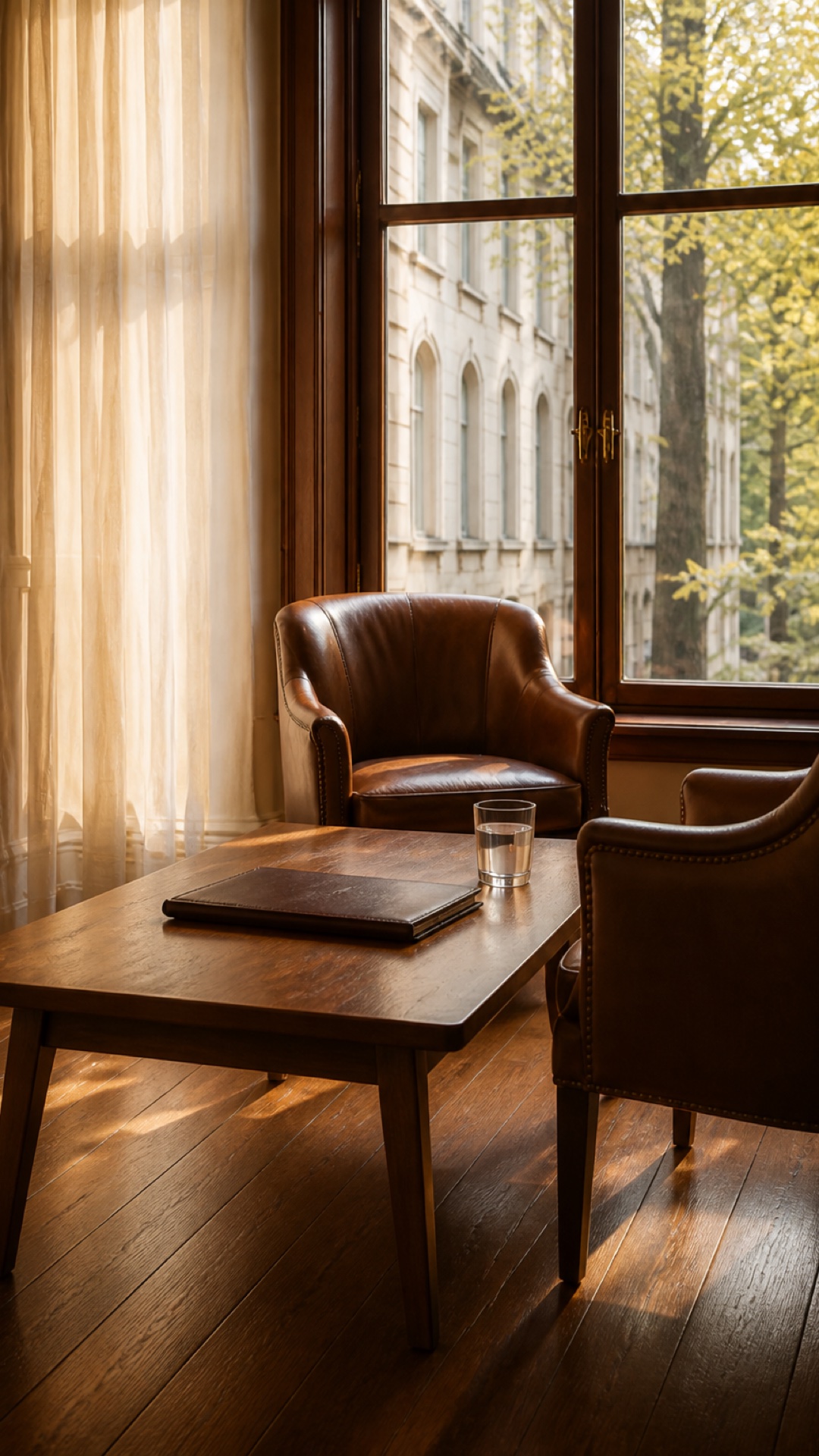 A quiet consulting room in warm afternoon light — two chairs at a timber table beside a tall window.